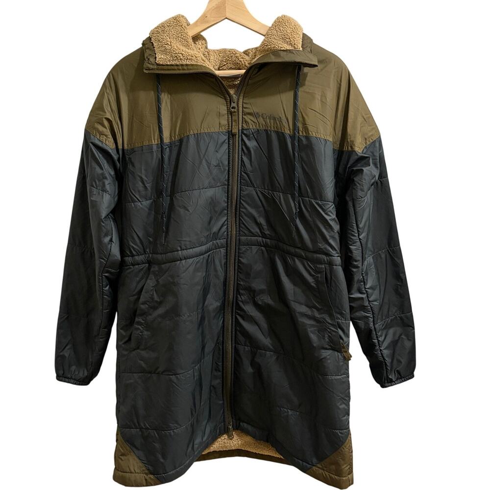 Columbia Flash Challenger Jacket Womens Small Black/Olive Sherpa Lined Long Coat